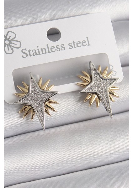 Bfs Pirinç Gold Gümüş Renk Zirkon Taşlı Kutup Yılıdız Model Kadın Küpe