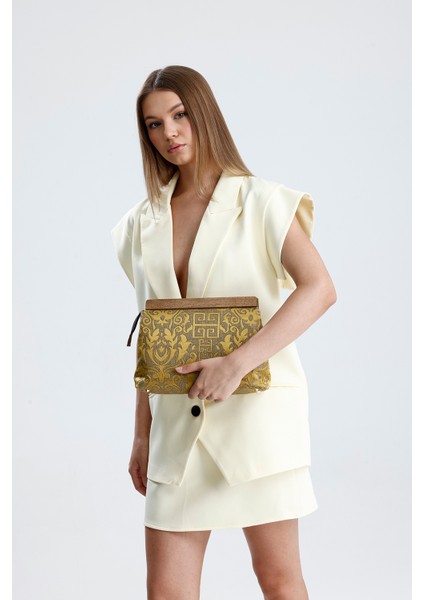 Kadın Hardal Otantik Desen Clutch Çanta fiyatları