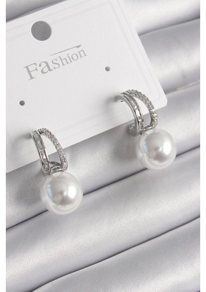 Bfs Pirinç Gümüş Renk Zirkon Taşlı Halka Inci Detay Kadın Küpe