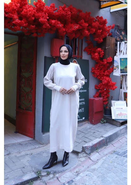 Simli Balon Kol Merserize Elbise