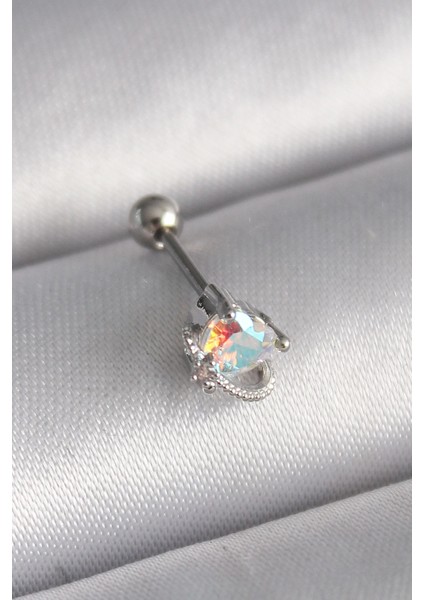 Bfs 316L Çelik Gümüş Renk Zirkon Taşlı Kalp Tragus Piercing