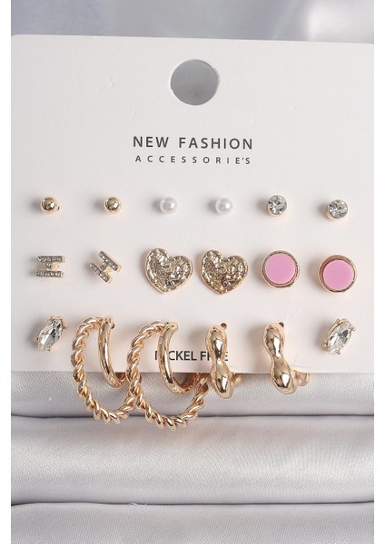 Bfs Pirinç Gold Renk Zirkon Taşlı Burug Halka Model Işlemeli Kalp Detay 9 Çift Kadın Küpe Seti