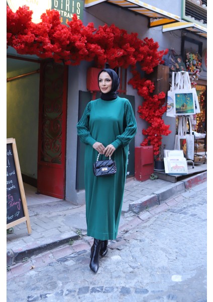 Simli Balon Kol Merserize Elbise