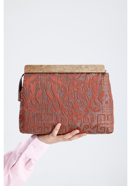 Kadın Kiremit Otantik Desen Clutch Çanta