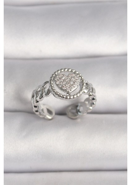 Bfs Pirinç Gümüş Renk Zincir Model Zirkon Taşlı Kalp Model Kadın Yüzük