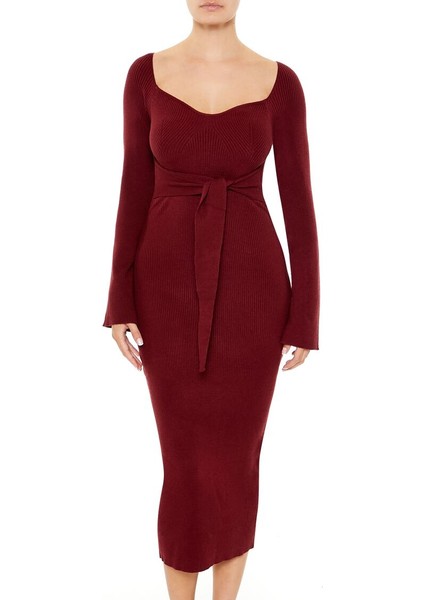 Bağlamalı Bel Detaylı Midi Triko Elbise