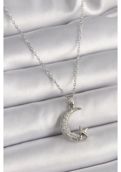 Bfs 316L Çelik Gümüş Renk Zincir Zirkon Taşlı Hilal Model Yıldız Detay Kadın Kolye