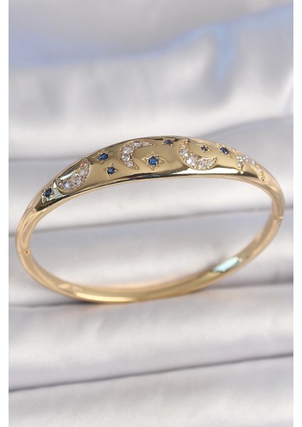 Bfs Pirinç Gold Renk Zirkon Taşlı Hilal Işleme Mavi Taşlı Yıldız Detay Kadın Kelepçe