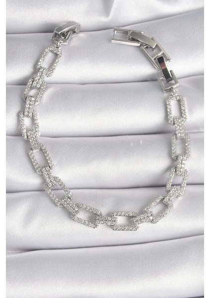 Bfs Pirinç Gümüş Renk Zirkon Taşlı Zincir Model Vıp Seri Kadın Bileklik