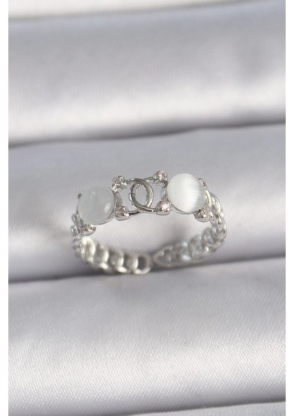 Bfs Pirinç Gümüş Renk Ayarlanabilir Zirkon Taşlı Beyaz Mineli Birleşik Halka Model Kadın Yüzük