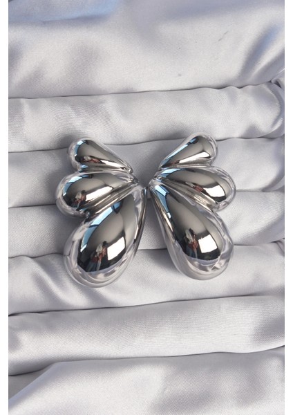 Bfs Pirinç Gümüş Renk Iri Bombeli Kelebek Küpe