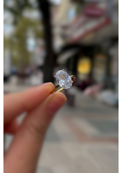 Gümüş Altın Kaplama Oval 12X8 mm Tek Taş Yüzük IS323