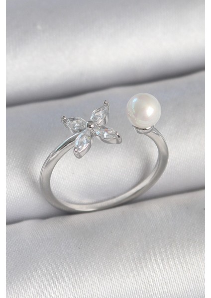 Bfs Pirinç Gümüş Renk Zirkon Taşlı Çiçek Model Inci Detay Ayarlanabilir Kadın Yüzük