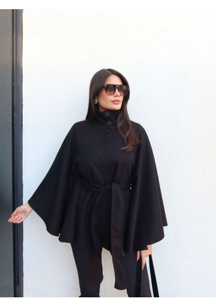 Dik Yaka Kuşaklı Kaşe Panço fırsatları