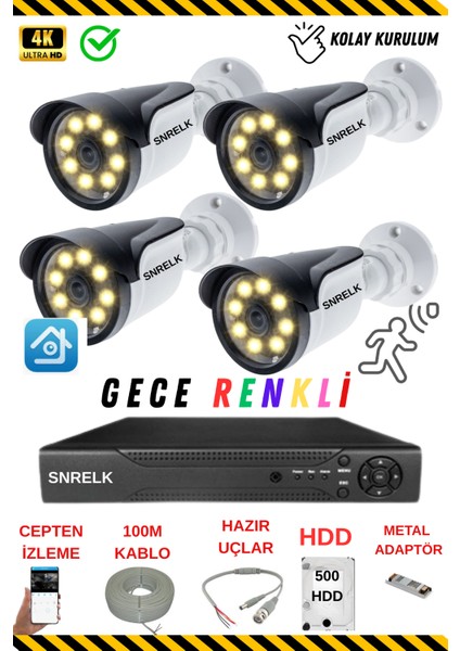 - Hama 4'lü 500GB 5mp Lens Gece Renkli Su Geçirmez Güvenlik Kamerası Set