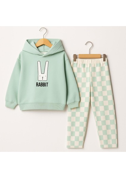 Çocuk Kapüşonlu Rabbit Desenli 3 Iplik Şardonlu Eşofman Takımı (5-8 Yaş) 10761 Yeşil modelleri