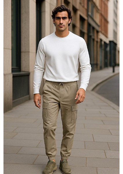 Erkek Beli ve Paçası Lastikli Kargo Cep Esnek Likralı Keten Gabardin Pantolon