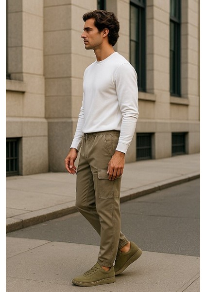 Erkek Beli ve Paçası Lastikli Kargo Cep Esnek Likralı Keten Gabardin Pantolon modelleri
