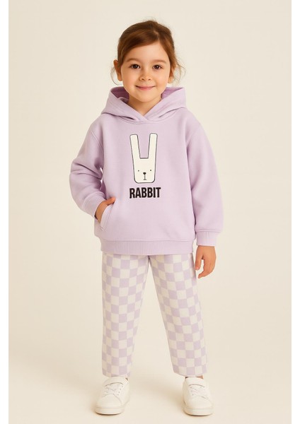 Çocuk Kapüşonlu Rabbit Desenli 3 Iplik Şardonlu Eşofman Takımı (5-8 Yaş) 10761 Lila fiyatları