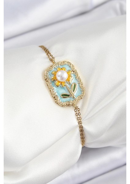 Bfs 316L Çelik Zincir Turkuaz Mineli Sanatsal Portre Inci Detaylı Papatya Model Gold Renk Kadın Bileklik