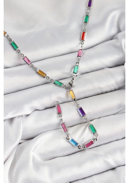 Bfs Pirinç Renkli Zirkon Taşlı Dikdörtgen Model Gümüş Renk Kadın Y Kolye