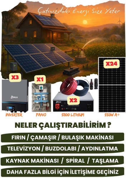 33 Kw Trifaze/monofaze Güneş Paneli Sistemi (15,36 Kwp/10,24 Kwh Depolama) 24P33K2L-D