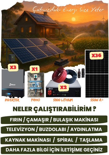 33 Kw Trifaze/monofaze Güneş Paneli Sistemi (19,8 Kwp/10,24 Kwh Depolama) 36P33K2L-D