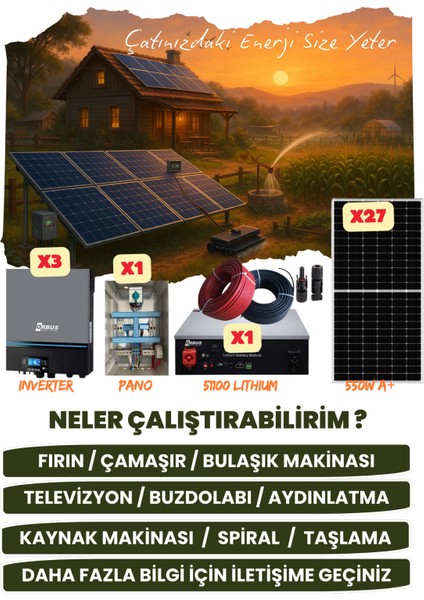 33 Kw Trifaze/monofaze Güneş Paneli Sistemi (14,85 Kwp/5,12 Kwh Depolama) 27P33K1L-D