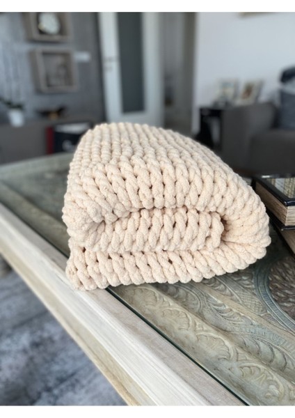 Krem Puffy El Örgüsü Battaniye modelleri