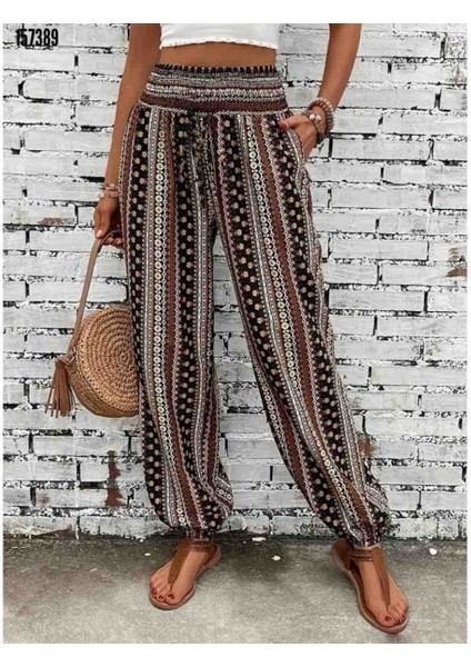 Kadın Yüksek Bel Etnik Desenli Geniş Dökümlü Bürümcük Pantolon, Kırmızı Gül Figürlü Kolye Hediye