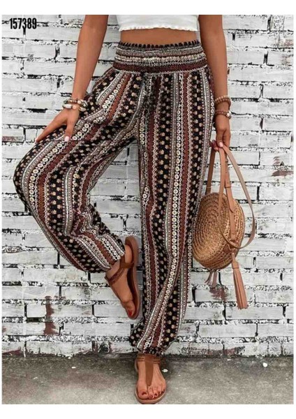 Kadın Yüksek Bel Etnik Desenli Geniş Dökümlü Bürümcük Pantolon, Kırmızı Gül Figürlü Kolye Hediye fiyatları