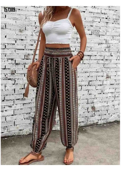 Kadın Yüksek Bel Etnik Desenli Geniş Dökümlü Bürümcük Pantolon, Kırmızı Gül Figürlü Kolye Hediye modelleri