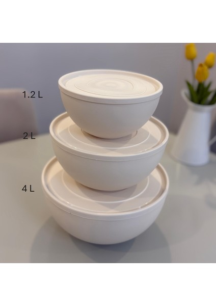 Kapaklı Yuvarlak Kase 3'lü Set Krem Renk (1,2l + 2,5l + 4l) indirimleri
