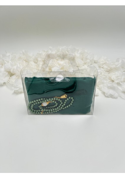 Hediyelik Şeffaf Çantalı Flamlı Örtü ve Tesbih Seti ( Hac - Umre - Mevlid - Bohça )