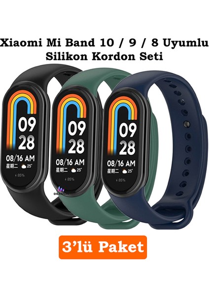 Xiaomi Mi Band 8 Mi Band 9 Mi Band 10 Uyumlu 3lü Paket Silikon Kordon Bileklik Metal Pimli