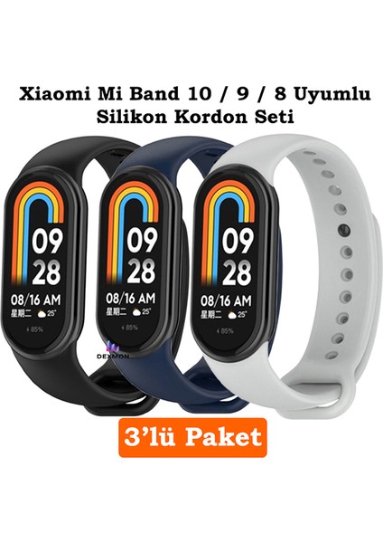 Xiaomi Mi Band 8 Mi Band 9 Mi Band 10 Uyumlu 3lü Paket Silikon Kordon Bileklik Metal Pimli