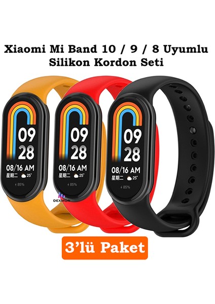 Xiaomi Mi Band 8 Mi Band 9 Mi Band 10 Uyumlu 3lü Paket Silikon Kordon Bileklik Metal Pimli