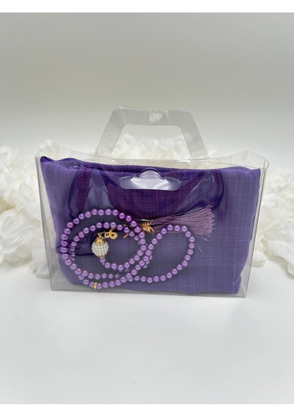 Hediyelik Şeffaf Çantalı Flamlı Örtü ve Tesbih Seti ( Hac - Umre - Mevlid - Bohça )