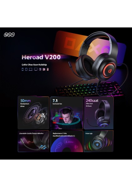 Heroad V200 Rgb 7.1 Kablosuz Gaming Oyuncu Kulaklığı 3 Modlu (Bt, 2.4ghz, Type-C) modelleri