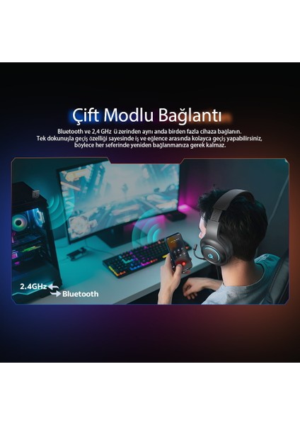 Heroad V200 Rgb 7.1 Kablosuz Gaming Oyuncu Kulaklığı 3 Modlu (Bt, 2.4ghz, Type-C)