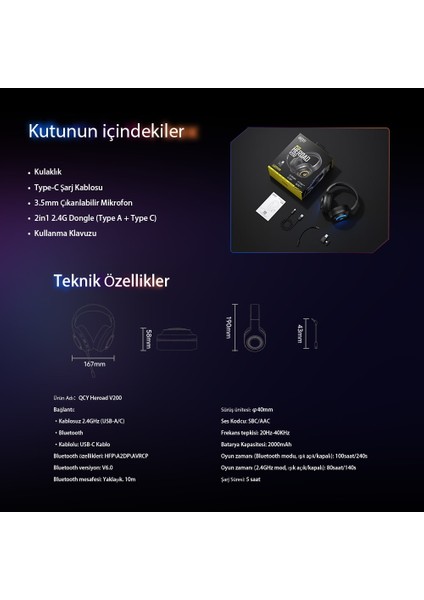 Heroad V200 Rgb 7.1 Kablosuz Gaming Oyuncu Kulaklığı 3 Modlu (Bt, 2.4ghz, Type-C)