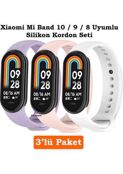 Xiaomi Mi Band 8 Mi Band 9 Mi Band 10 Uyumlu 3lü Paket Silikon Kordon Bileklik Metal Pimli