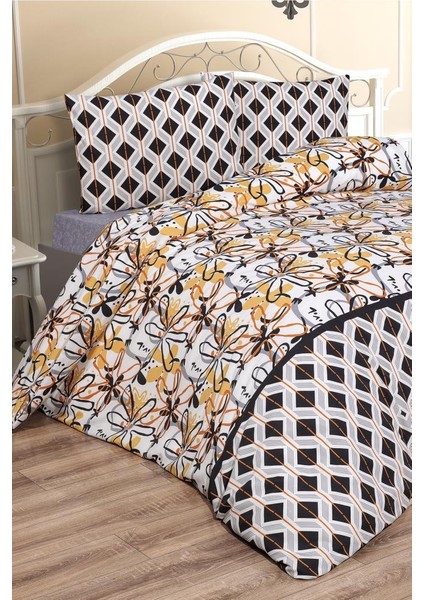 Erika Çift Kişilik Lastikli Çarşaflı Nevresim Takımı Kahve