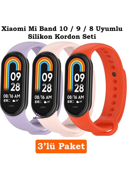 Xiaomi Mi Band 8 Mi Band 9 Mi Band 10 Uyumlu 3lü Paket Silikon Kordon Bileklik Metal Pimli