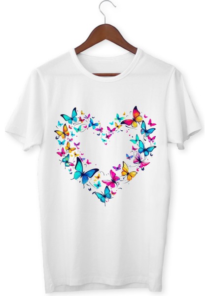 Kelebekli Çocuk Yetişkin Beyaz T-Shirt Kalpli Kelebekli Unisex Çocuk Tişört