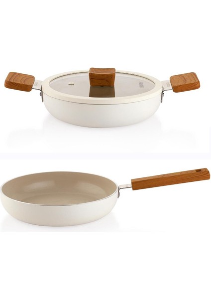 Ceramoni Seramik Tava 30 cm ve 20 cm Kapaklı Sahan Seti -Krem