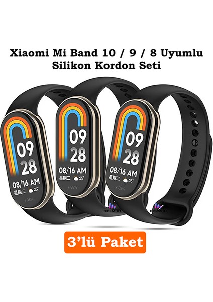 Xiaomi Mi Band 8 Mi Band 9 Mi Band 10 Uyumlu 3lü Paket Silikon Kordon Bileklik Metal Pimli