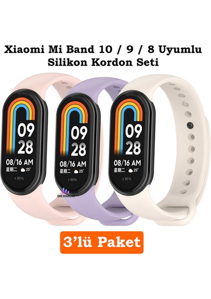 Xiaomi Mi Band 8 Mi Band 9 Mi Band 10 Uyumlu 3lü Paket Silikon Kordon Bileklik Metal Pimli