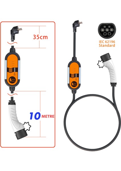 10 Metre Ev Prizi 3.5 Kw Elektrikli Araç Taşınabilir Şarj Cihazı Tip-2 Mod 2 fiyatları