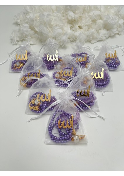 Hediyelik Lafızlı Kesede Inci Tesbih ( 10 Adet ) ( Mevlid - Hac - Umre -Bohça)